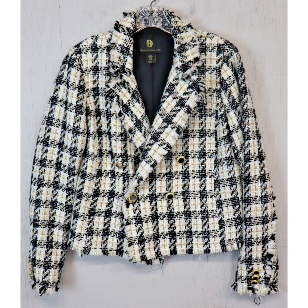 House of Harlow 1960 Plaid Blazer‎ Jacket Size S White Black Gold Acrylic Wool